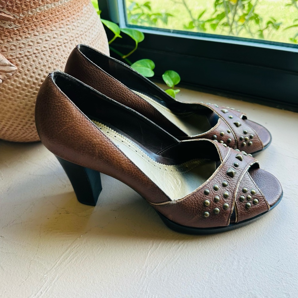 Franco Sarto Brown Studded Peep-Toe Heels Size 9.5